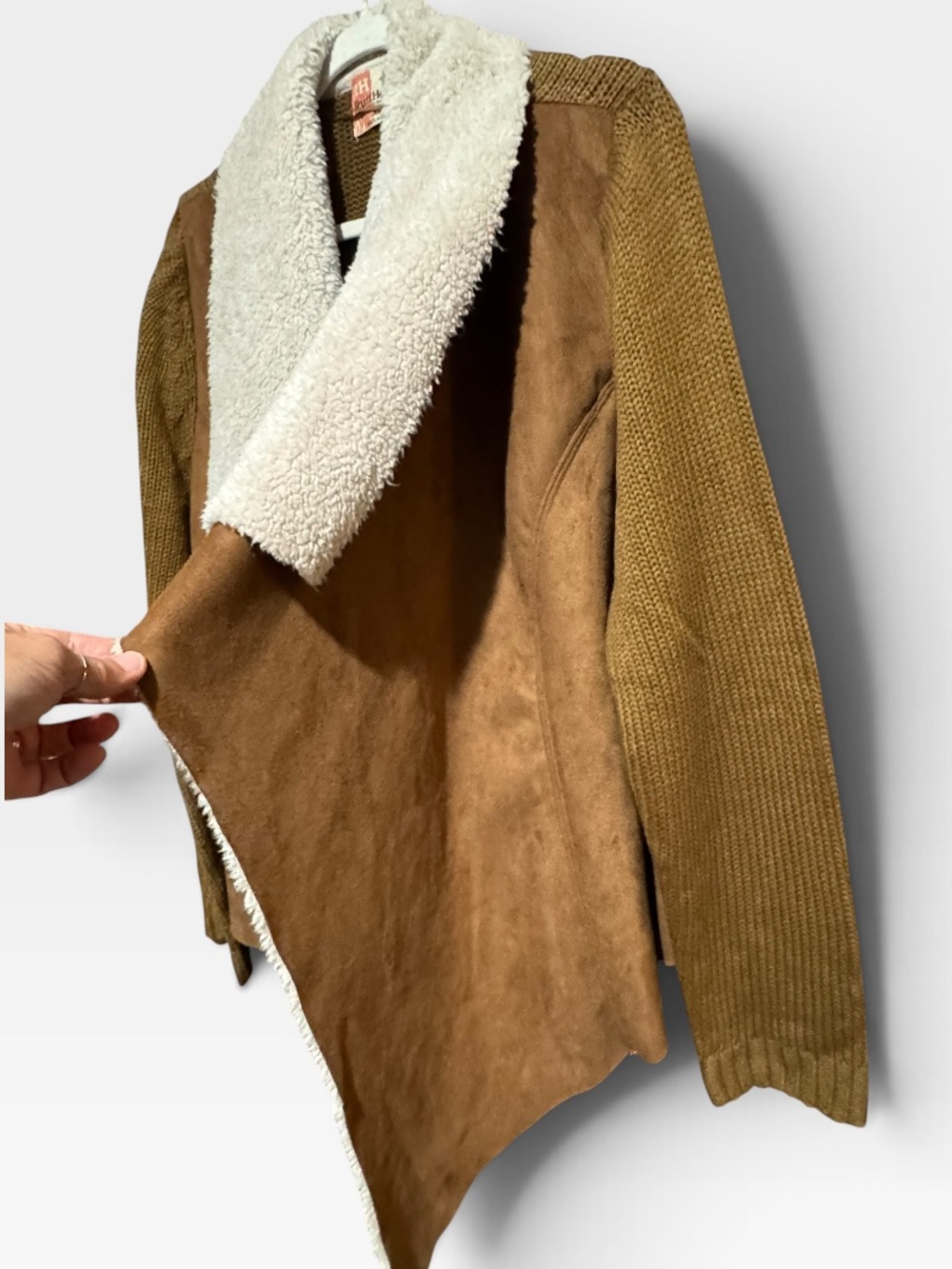 RUFF HEWN Sherpa Collar Faux-Suede Draped Jacket XL 22” p2p Brown/Cream $99 NWT - Picture 8 of 12